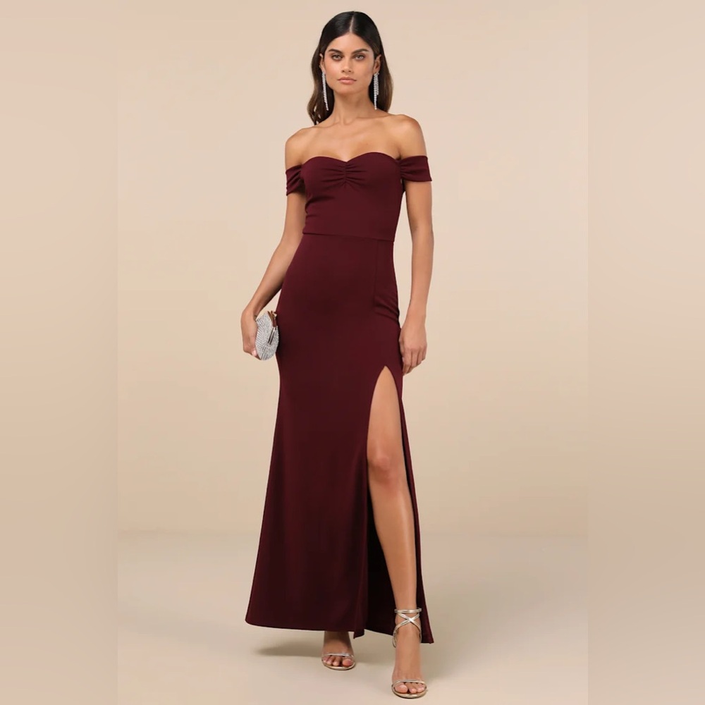 Lulu's Beyond Excellent Wine Red Off-the-Shoulder Mermaid Maxi Dress - NWT